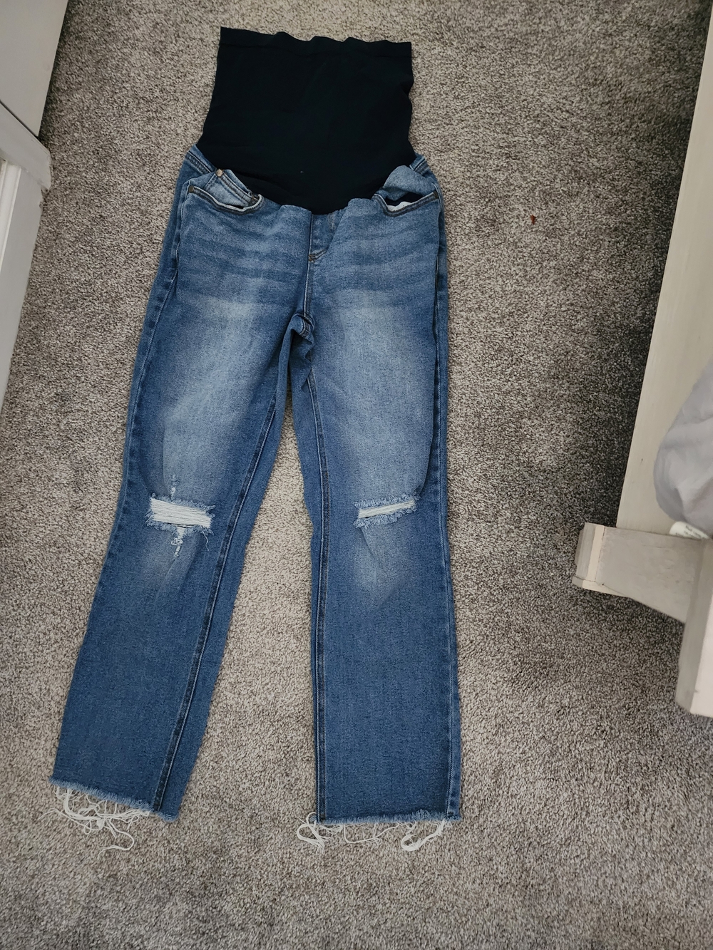 Motherhood Blue Distressed Maternity Boyfriend Jeans with Black Waist Panel
